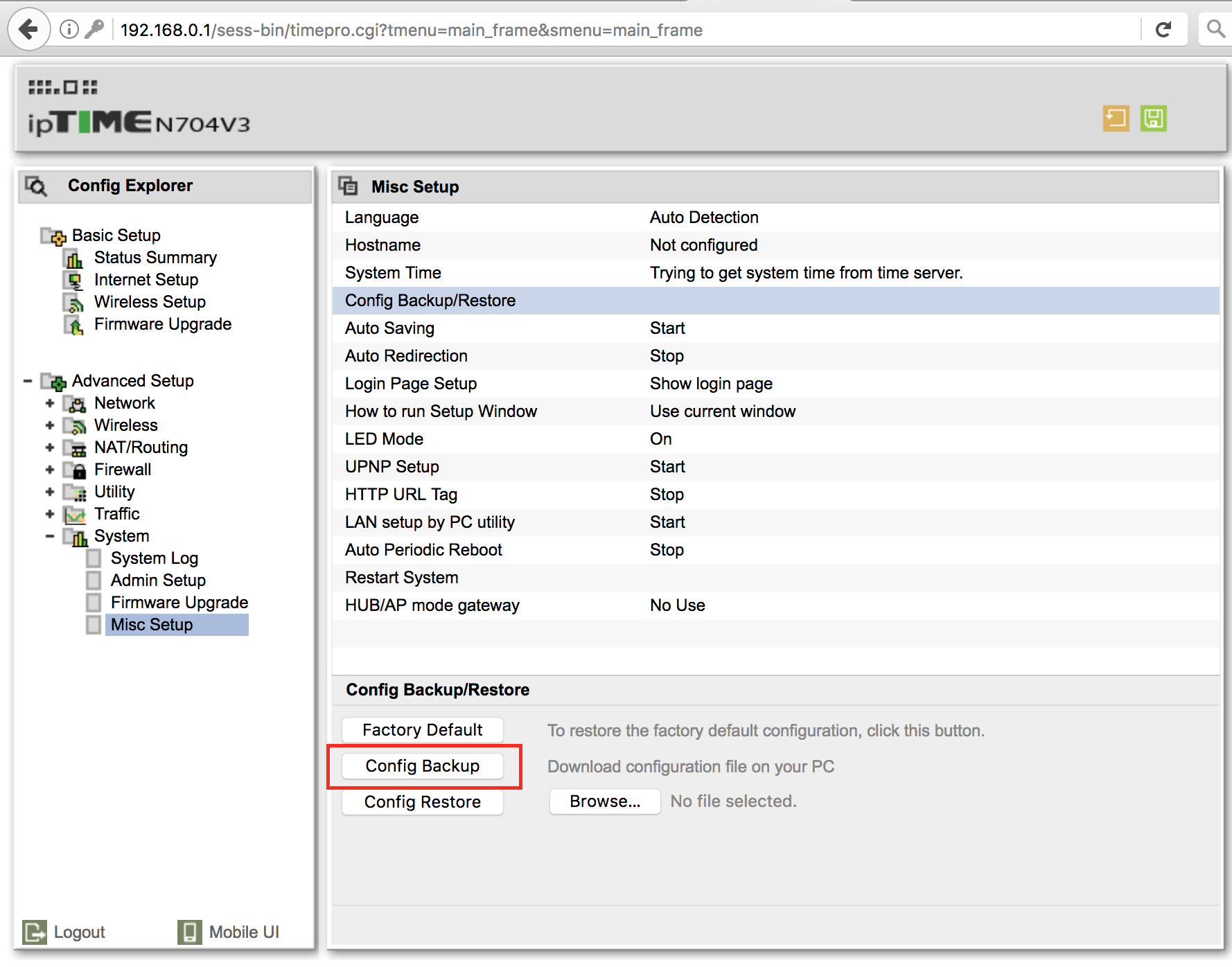 ipTIME Web Interface Backup Configuration